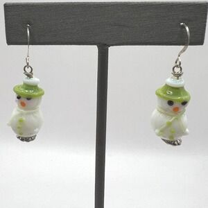 Vintage Snowman Pierced‎ Earrings White Glass and Silver Tone Winter Holiday